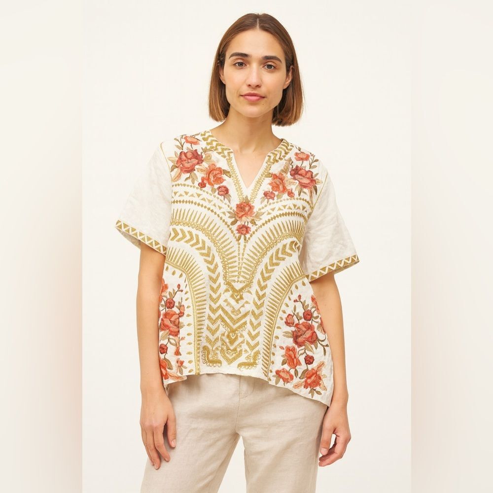 Johnny Was Rianne Easy V Neck 100% Linen Embroidered Blouse White Size XL